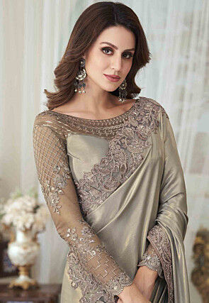 Embroidered Georgette Silk Saree in Light Olive Green