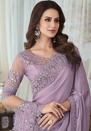 Embroidered Georgette Silk Saree in Light Purple