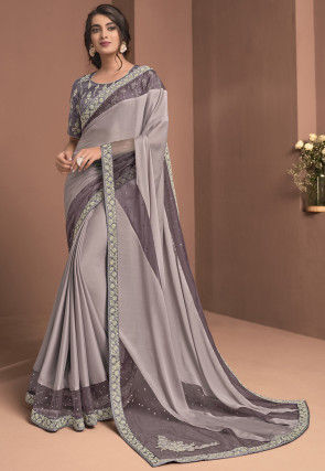 Embroidered Georgette Silk Saree in Lilac