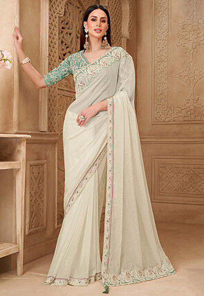 Embroidered Border Georgette Silk Saree in Off White