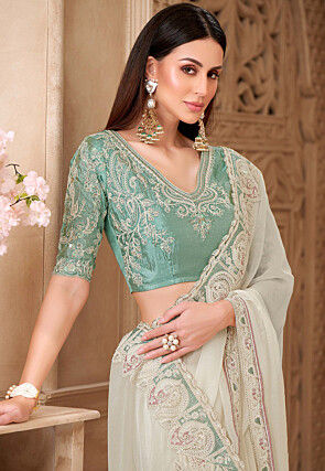 Embroidered Border Georgette Silk Saree in Off White