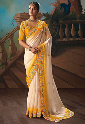 Embroidered Georgette Silk Saree in Off White