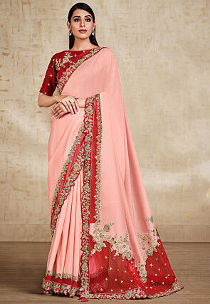 Embroidered Georgette Silk Saree in Pink and Red