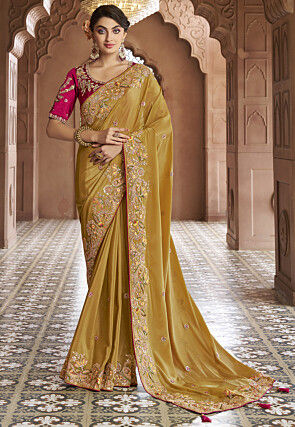 Embroidered Georgette Silk Saree in Yellow