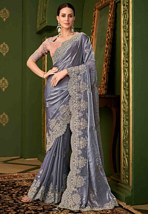 Embroidered Georgette Silk Scalloped Saree in Grey