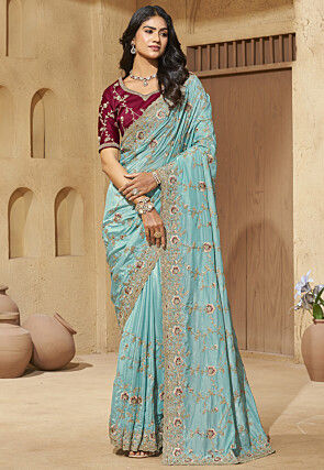 Embroidered Georgette Silk Scalloped Saree in Light Blue