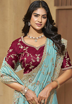 Embroidered Georgette Silk Scalloped Saree in Light Blue