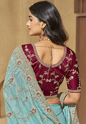Embroidered Georgette Silk Scalloped Saree in Light Blue
