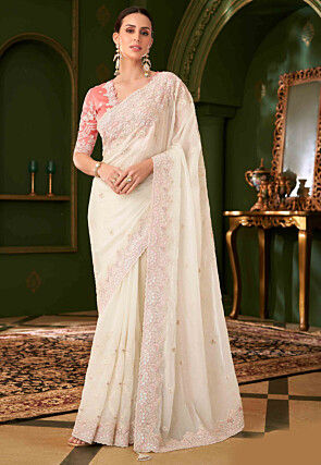 Embroidered Georgette Silk Scalloped Saree in Off White