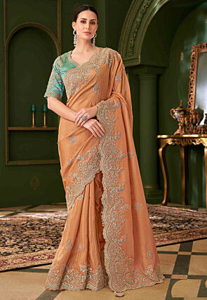 Embroidered Georgette Silk Scalloped Saree in Orange