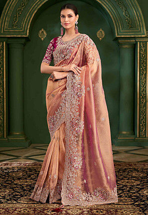 Embroidered Georgette Silk Scalloped Saree in Peach