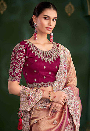 Embroidered Georgette Silk Scalloped Saree in Peach