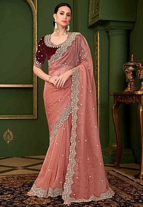 Embroidered Georgette Silk Scalloped Saree in Peach