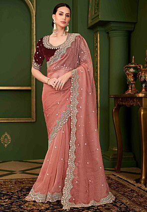 Embroidered Georgette Silk Scalloped Saree in Pink
