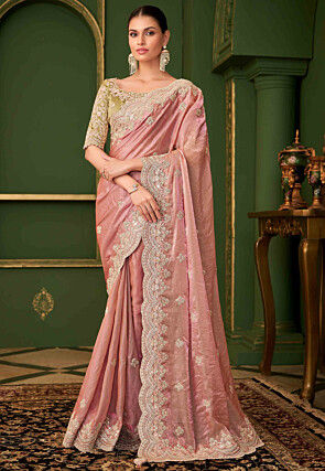 Embroidered Georgette Silk Scalloped Saree in Pink
