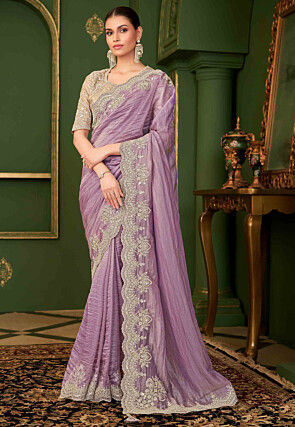 Embroidered Georgette Silk Scalloped Saree in Purple