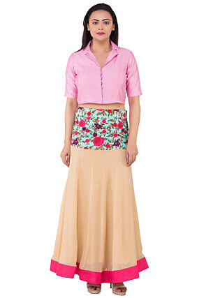 Embroidered Georgette Skirt in Beige
