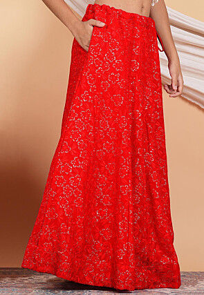Embroidered Georgette Skirt in Red