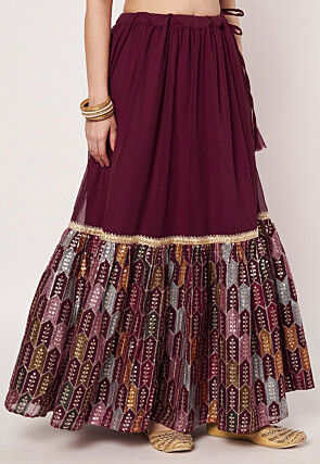 Embroidered Georgette Skirt in Wine