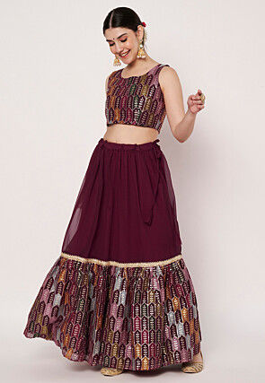 Embroidered Georgette Skirt in Wine