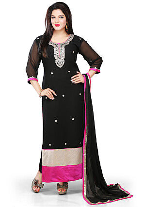 Embroidered Georgette Straight Cut Suit in Black
