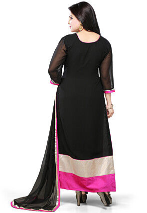 Embroidered Georgette Straight Cut Suit in Black