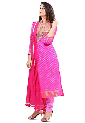 Embroidered Georgette Straight Cut Suit in Fuchsia