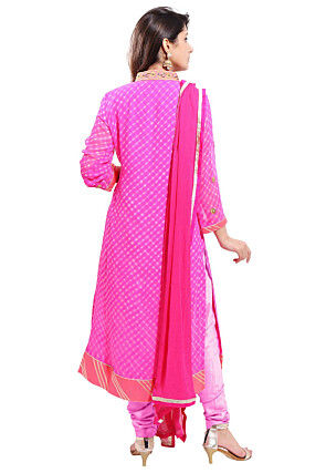 Embroidered Georgette Straight Cut Suit in Fuchsia
