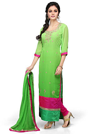 Embroidered Georgette Straight Cut Suit In Green