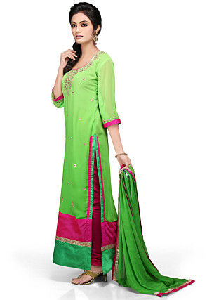 Embroidered Georgette Straight Cut Suit In Green