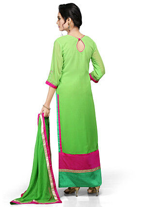 Embroidered Georgette Straight Cut Suit In Green