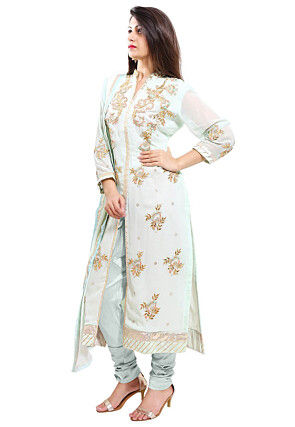 Embroidered Georgette Straight Cut Suit in Light Sea Green