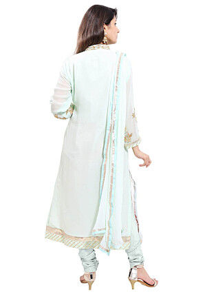 Embroidered Georgette Straight Cut Suit in Light Sea Green