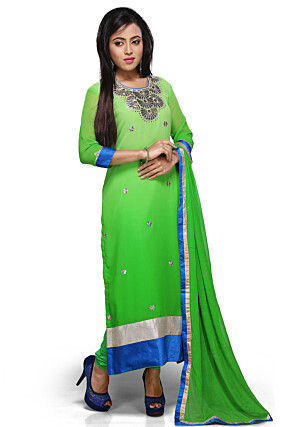 Embroidered Georgette Straight Cut Suit in Shaded Green