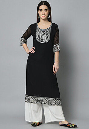 Janasya Dark Georgette Embroidered Straight Kurta