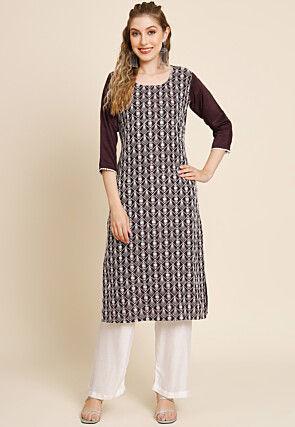 Embroidered Georgette Straight Kurta in Brown