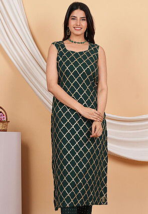 Embroidered Georgette  Straight Kurta in Dark Green