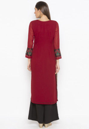 Embroidered Georgette Straight Kurta in Maroon