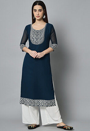 Embroidered Georgette Straight Kurta in Teal Blue
