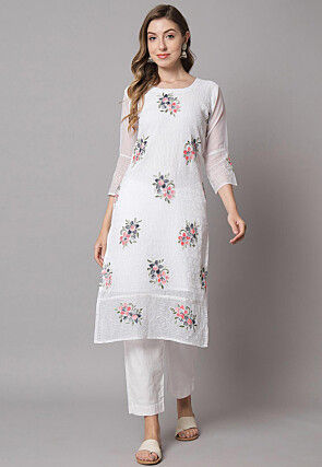 Embroidered Georgette Straight Kurta in Off White