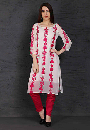 Embroidered Georgette Straight Kurta in Off White
