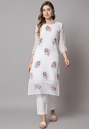 Embroidered Georgette Straight Kurta in Off White