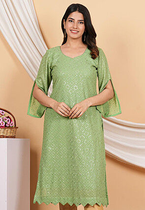 Embroidered Georgette Straight kurta in Pastel Green