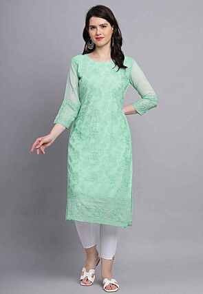 Embroidered Georgette Straight Kurta in Sea Green