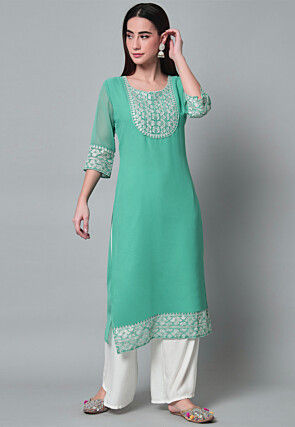 Embroidered Georgette Straight Kurta in Sea Green