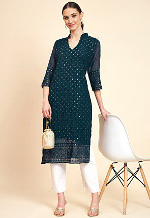 Embroidered Georgette Straight Kurta in Teal Blue
