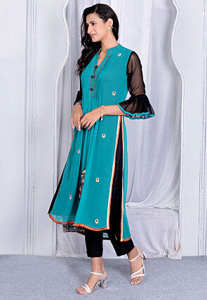 Embroidered Georgette Straight Kurta in Teal Green