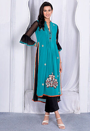 Embroidered Georgette Straight Kurta in Teal Green