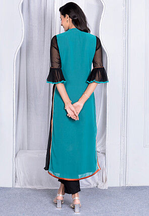 Embroidered Georgette Straight Kurta in Teal Green