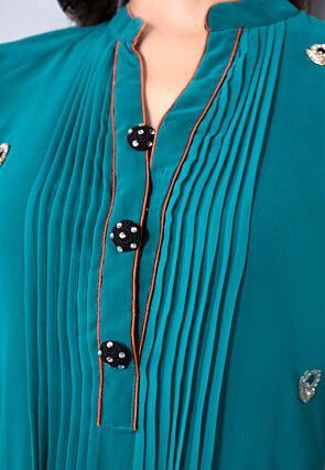 Embroidered Georgette Straight Kurta in Teal Green